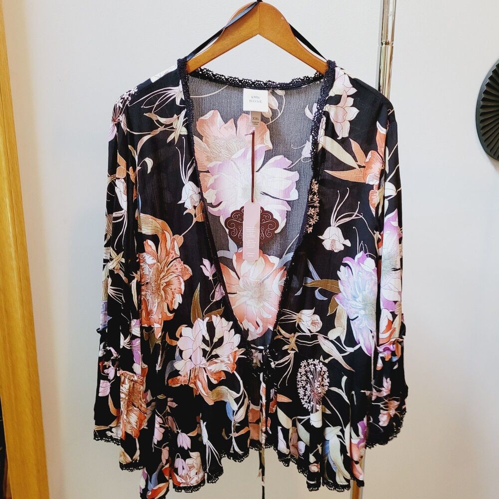 NWT Knox Rose SZ 2XL Floral  Bell Sleeve Open Front Kimono Style Duster W/tie